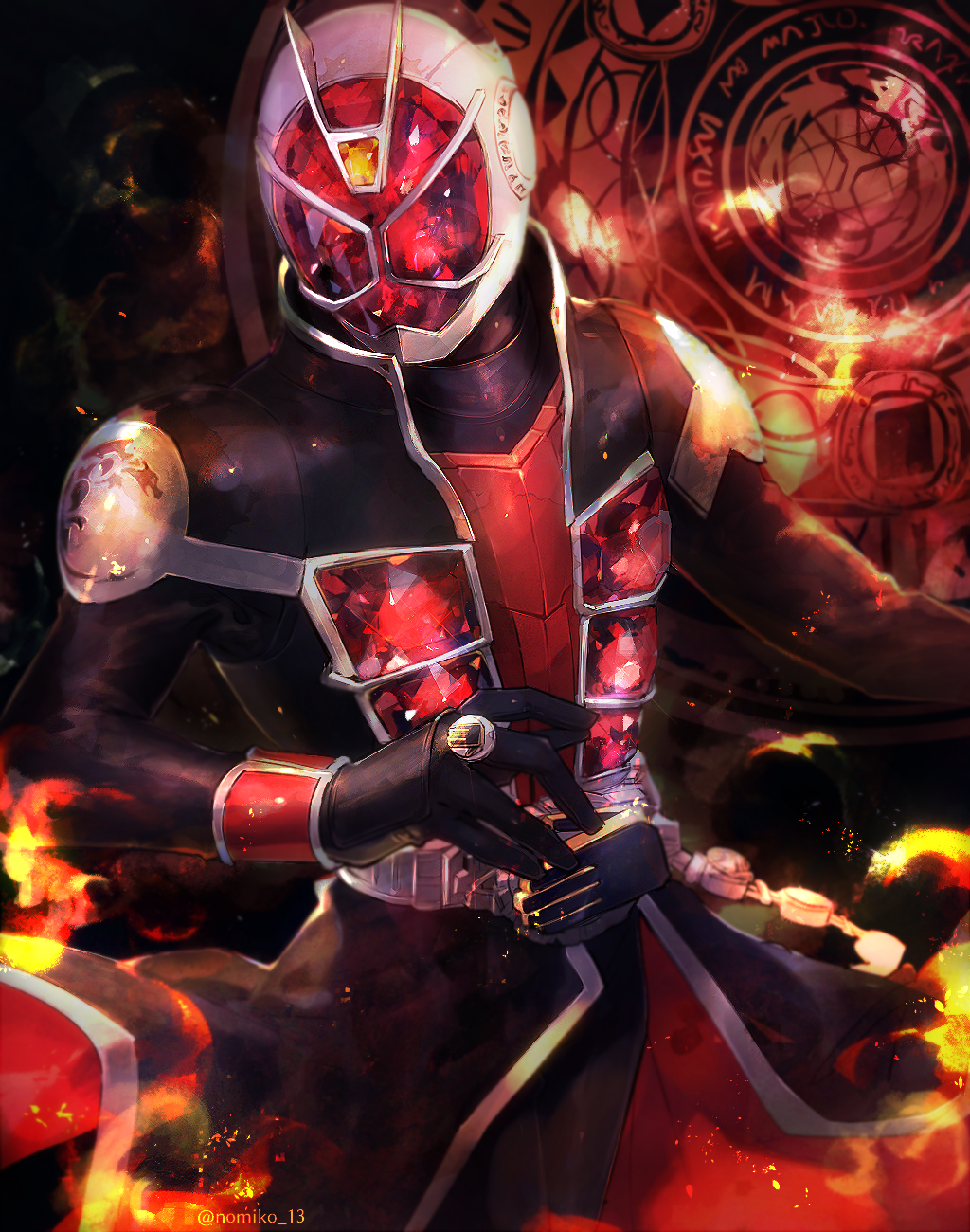 1boy, antennae, armor, belt, black_gloves, boots, commentary_request, cowboy_shot