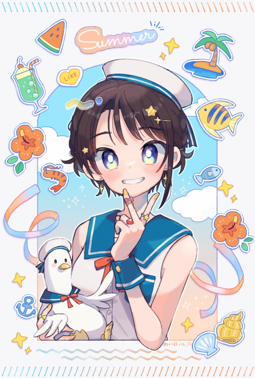 1girl, alternate_costume, anchor, bangs, bird, blue_eyes, blush, border