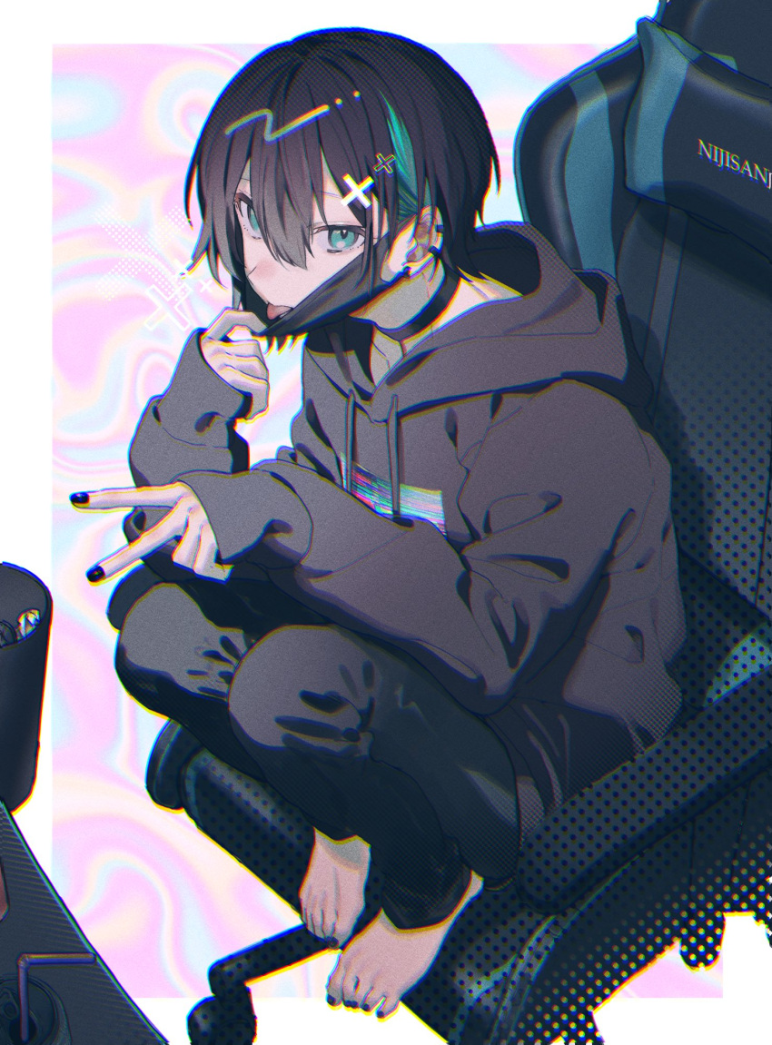 1boy, bangs, barefoot, black_hair, black_hoodie, black_pants, chair, choker