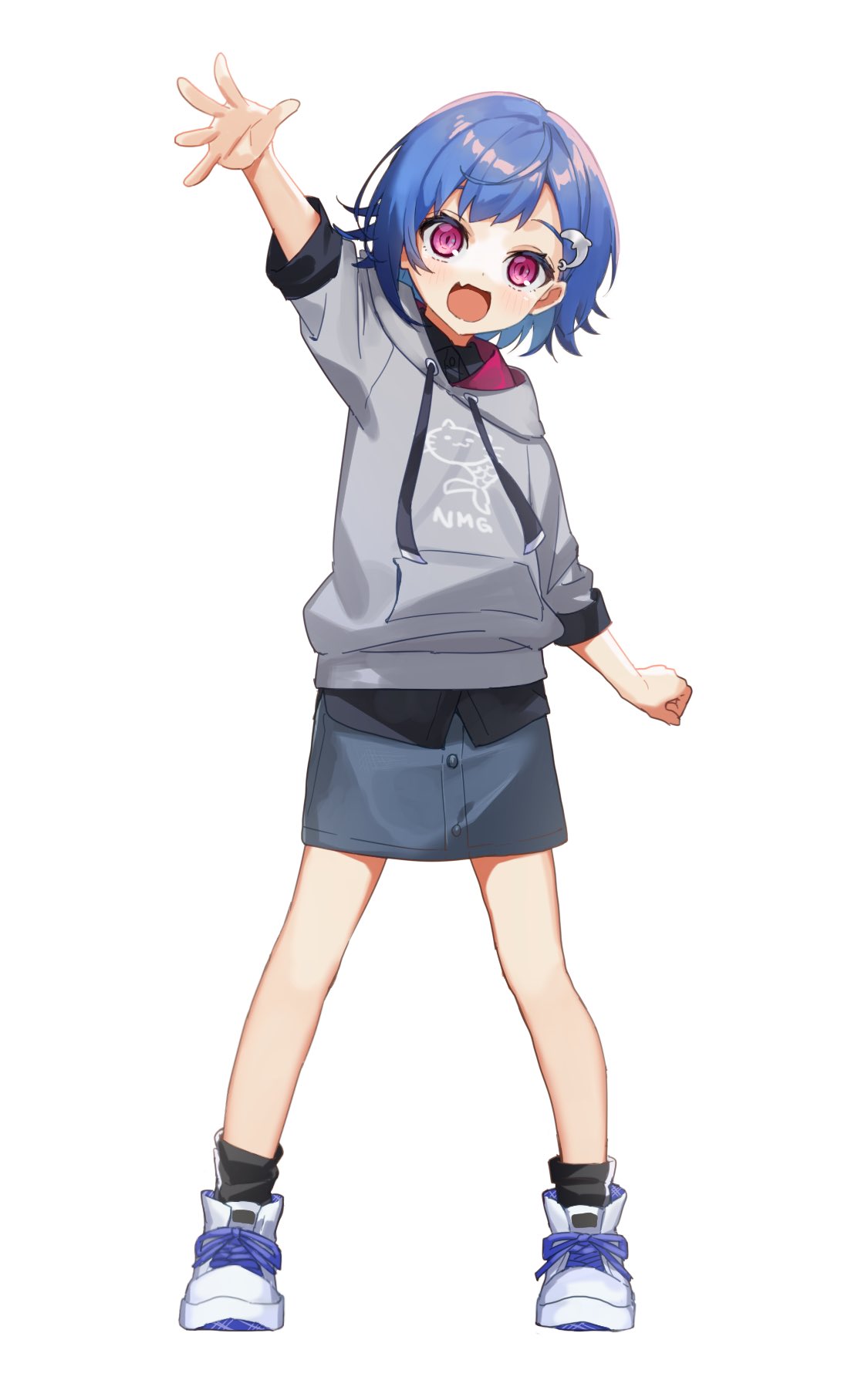 1girl, arm_up, bangs, black_shirt, black_socks, blue_hair, blue_skirt, blush, clenched_hand, dolphin_hair_ornament, fang, full_body, grey_hoodie, high_tops, highres, hood, hood_down, hoodie, morimori_chikka, nijisanji, nishizono_chigusa, open_mouth, outstretched_arm, pencil_skirt, shirt, shoes, short_hair, simple_background, skin_fang, skirt, sleeves_rolled_up, smile, sneakers, socks, solo, standing, violet_eyes, virtual_youtuber, white_background, white_footwear, younger