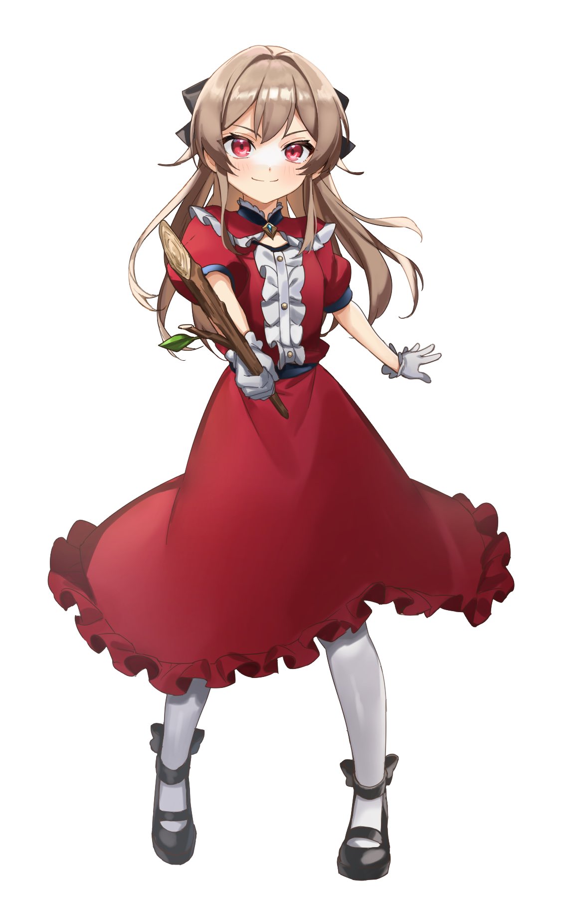 1girl, bangs, black_footwear, blush, brown_hair, center_frills, closed_mouth, dress