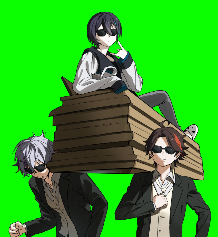 3boys, \m/, ahoge, bangs, black_hair, black_jacket, brown_hair, closed_mouth