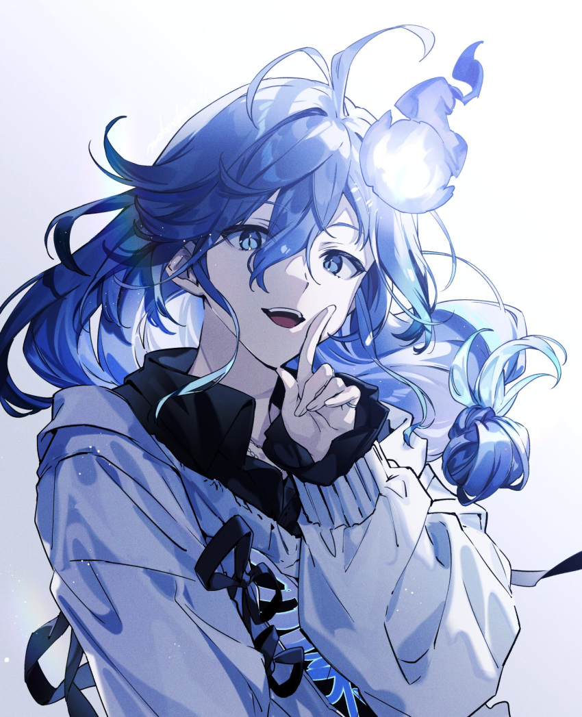 1boy, :d, antenna_hair, black_shirt, blue_eyes, blue_hair, breastless_clothes, collared_shirt