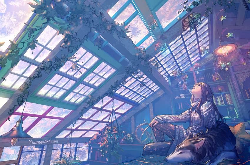 1girl, animal, armillary_sphere, book, bookshelf, brown_hair, comfy, commentary, conservatory, dog, ears_visible_through_hair, english_commentary, flower, great_dodecahedron, hand_on_own_knee, hanging_plant, highres, ice, ice_flower, indoors, lamp, lantern, light_bulb, long_hair, looking_up, ornament, pillow, plant, revision, ribbed_sweater, shimo_(yatagarasu), sitting, sleeping_animal, small_stellated_dodecahedron, star_ornament, star_pillow, sweater, turtleneck, turtleneck_sweater, vines, web_address, window, yatagarasu_(game), yuumei