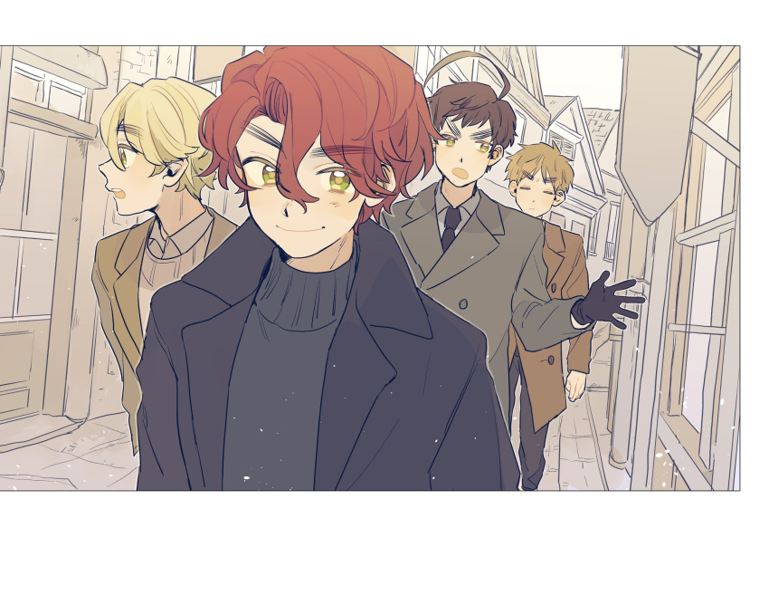 ahoge, axis_powers_hetalia, black_coat, black_gloves, blonde_hair, brothers, brown_hair, closed_eyes, coat, gloves, green_eyes, highres, looking_to_the_side, ninonuko, northern_ireland_(hetalia), redhead, scotland_(hetalia), siblings, smile, sweater, thick_eyebrows, town, trench_coat, turtleneck, turtleneck_sweater, united_kingdom_(hetalia), wales_(hetalia)