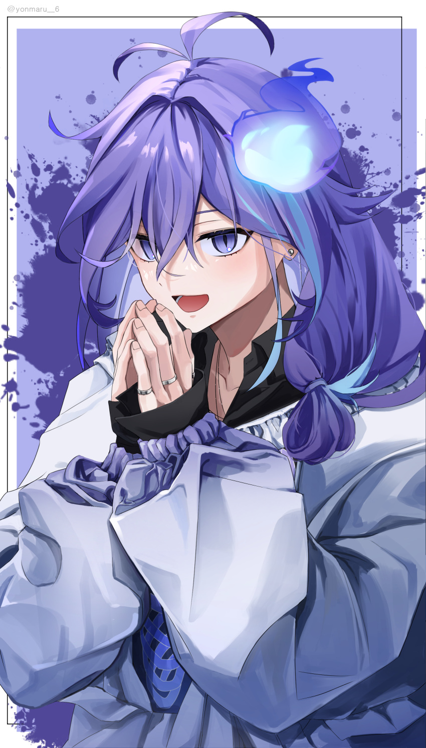 1boy, :d, absurdres, antenna_hair, bangs, black_shirt, blue_hair, border