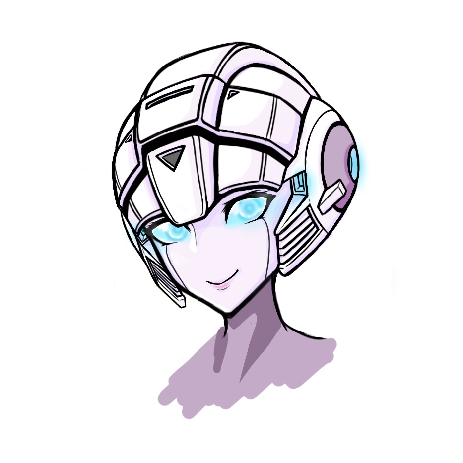 1girl, alien, arcee, blue_eyes, glowing, glowing_eyes, gonzo_mk06, humanoid_robot, mecha_musume, pink_lips, robot, simple_background, solo, transformers, upper_body, white_background