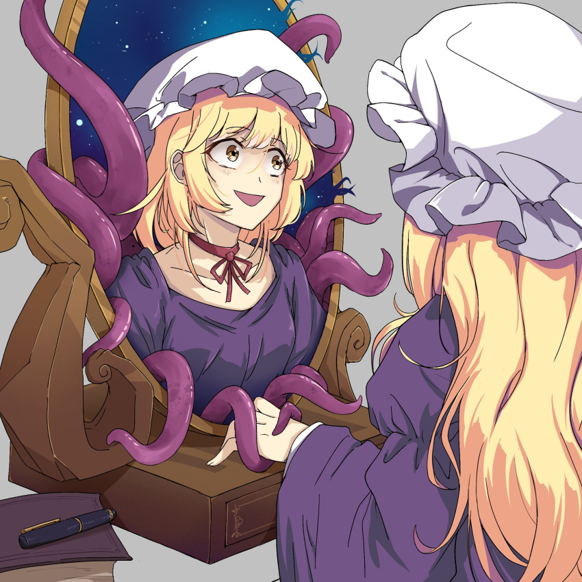 1girl, blonde_hair, book, choker, collarbone, crazy_eyes, crazy_smile, dress