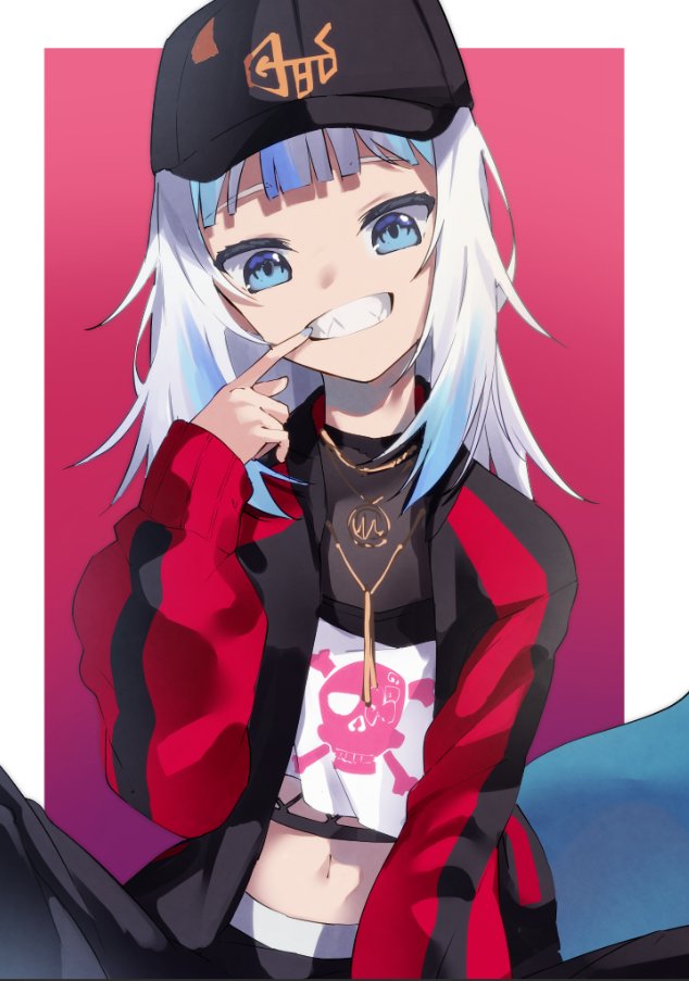 1girl, bangs, baseball_cap, black_headwear, black_jacket, black_pants, blue_eyes, blue_hair, blunt_bangs, border, cosplay, crop_top, fish_tail, gawr_gura, gradient, gradient_background, hair_down, hat, hololive, hololive_english, jacket, jewelry, long_sleeves, looking_at_viewer, medium_hair, mori_calliope, mori_calliope_(cosplay), mouth_pull, multicolored_clothes, multicolored_hair, multicolored_jacket, nail_polish, navel, necklace, open_mouth, outside_border, pants, puffy_long_sleeves, puffy_sleeves, purple_background, red_background, red_jacket, shark_tail, sharp_teeth, skull_and_crossbones, solo, spread_legs, streaked_hair, tail, teeth, tsushi, two-tone_jacket, virtual_youtuber, white_border, white_hair