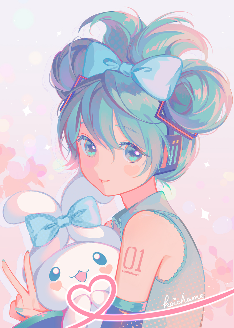 1girl, :3, :d, aqua_bow, aqua_eyes, aqua_hair, aqua_nails, aqua_shirt, artist_name, bangs, bare_shoulders, black_sleeves, blush, blush_stickers, body_writing, bow, cinnamiku, cinnamoroll, closed_mouth, collared_shirt, commentary, detached_sleeves, frilled_shirt, frills, hair_bow, hair_ornament, hatsune_miku, headset, heart, heart_of_string, highres, koichame, long_hair, looking_at_viewer, open_mouth, polka_dot, polka_dot_bow, sanrio, shirt, sleeveless, sleeveless_shirt, smile, solo, sparkle, updo, upper_body, v, vocaloid