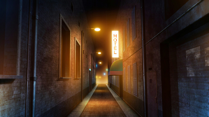 alley, building, commentary, door, english_commentary, highres, hotel, lamppost