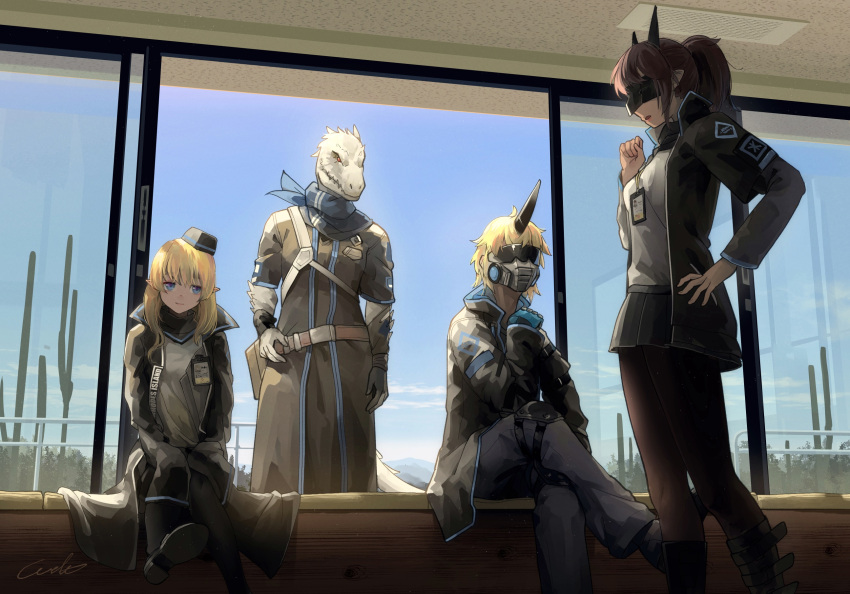 2boys, 2girls, arknights, black_jacket, black_pants, black_pantyhose, black_skirt, blonde_hair
