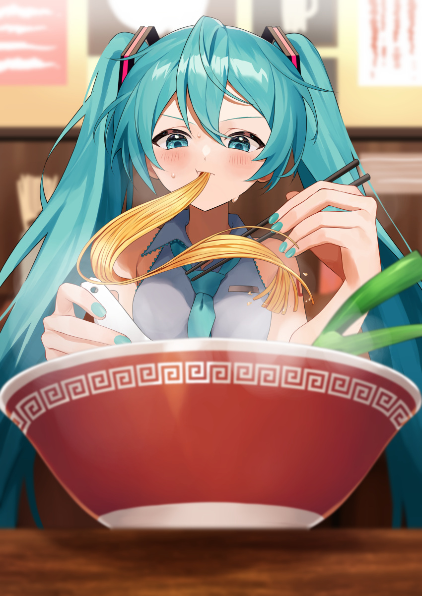 1girl, absurdres, aqua_eyes, aqua_hair, aqua_nails, aqua_necktie, bowl, chopsticks, food, hatsune_miku, highres, long_hair, necktie, niwa_(niwaniwa_1227), noodles, ramen, sleeveless, spring_onion, steam, sweat, twintails, very_long_hair, vocaloid