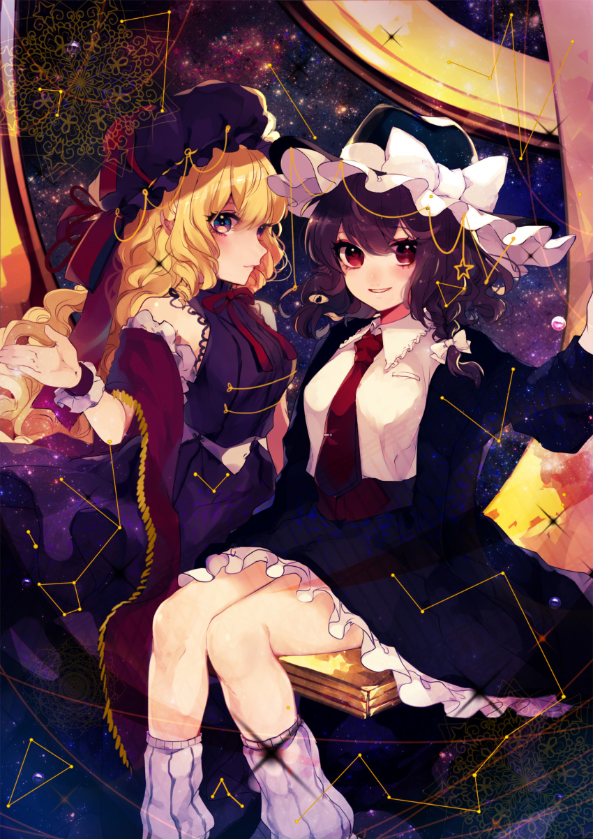 2girls, absurdres, adapted_costume, armillary_sphere, bangs, black_hair, black_headwear, black_jacket
