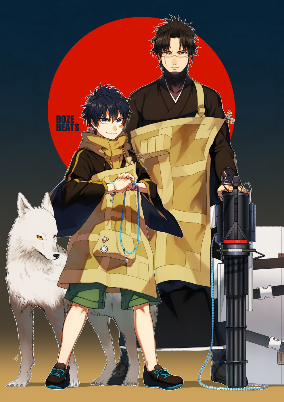 2boys, black_footwear, black_hair, black_kimono, bozebeats, bracelet, brown_hair, character_request, copyright_name, facepaint, green_shorts, grin, gun, highres, japanese_clothes, jewelry, jewelry_removed, kimono, male_focus, multiple_boys, necklace, necklace_removed, own_hands_together, planted, pouch, ryudaiji_(bozebeats), scar, scar_on_face, scar_on_nose, shoes, shorts, smile, sneakers, standing, tamaki_(bozerbeats), weapon, wide_sleeves, wolf, yukibi_(ykb)