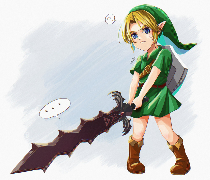 ..., 1boy, ?, blonde_hair, blue_eyes, boots, brown_footwear, child, commentary, green_headwear, green_tunic, hat, highres, holding, link, male_child, male_focus, pointy_ears, sakuya_996, shield, short_hair, simple_background, solo, struggling, sword, the_legend_of_zelda, triforce_print, tunic, weapon, young_link