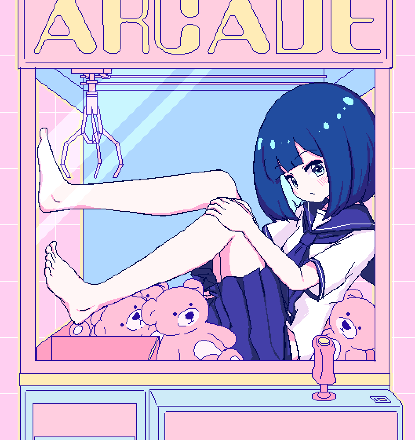 1girl, barefoot, blue_eyes, blue_hair, blue_neckerchief, blue_sailor_collar, blue_skirt, blush