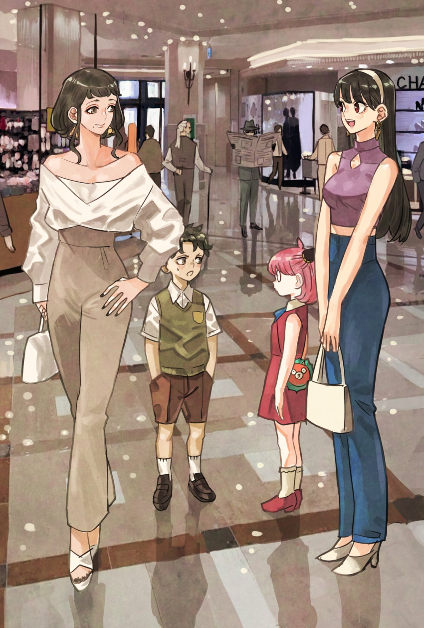 3boys, 3girls, anya_(spy_x_family), bag, bangs, black_hair, black_nails, cane