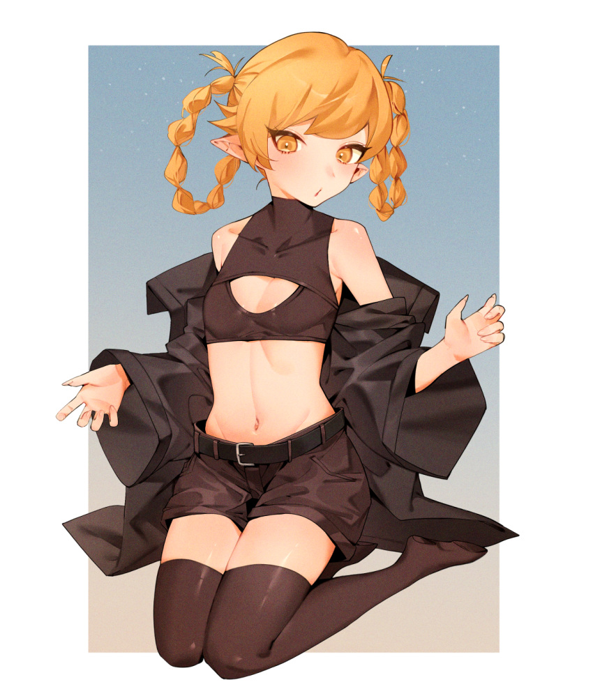 1girl, bangs, belt, black_thighhighs, blonde_hair, child, coat, denim