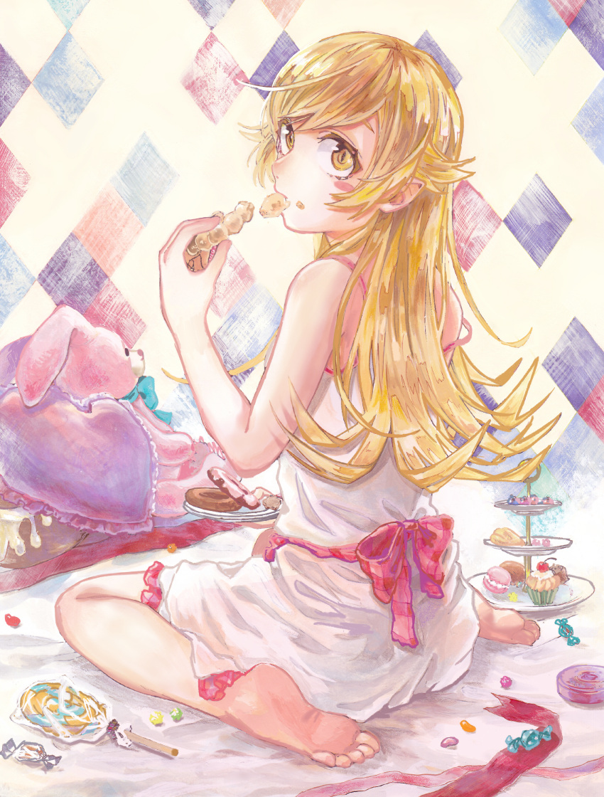 1girl, absurdres, bakemonogatari, bangs, barefoot, blonde_hair, blush_stickers, candy