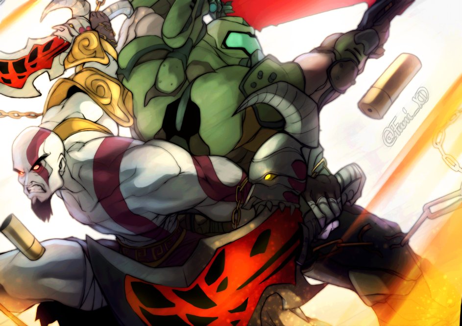 2boys, armlet, armor, bald, battle, beard, belt, brown_gloves