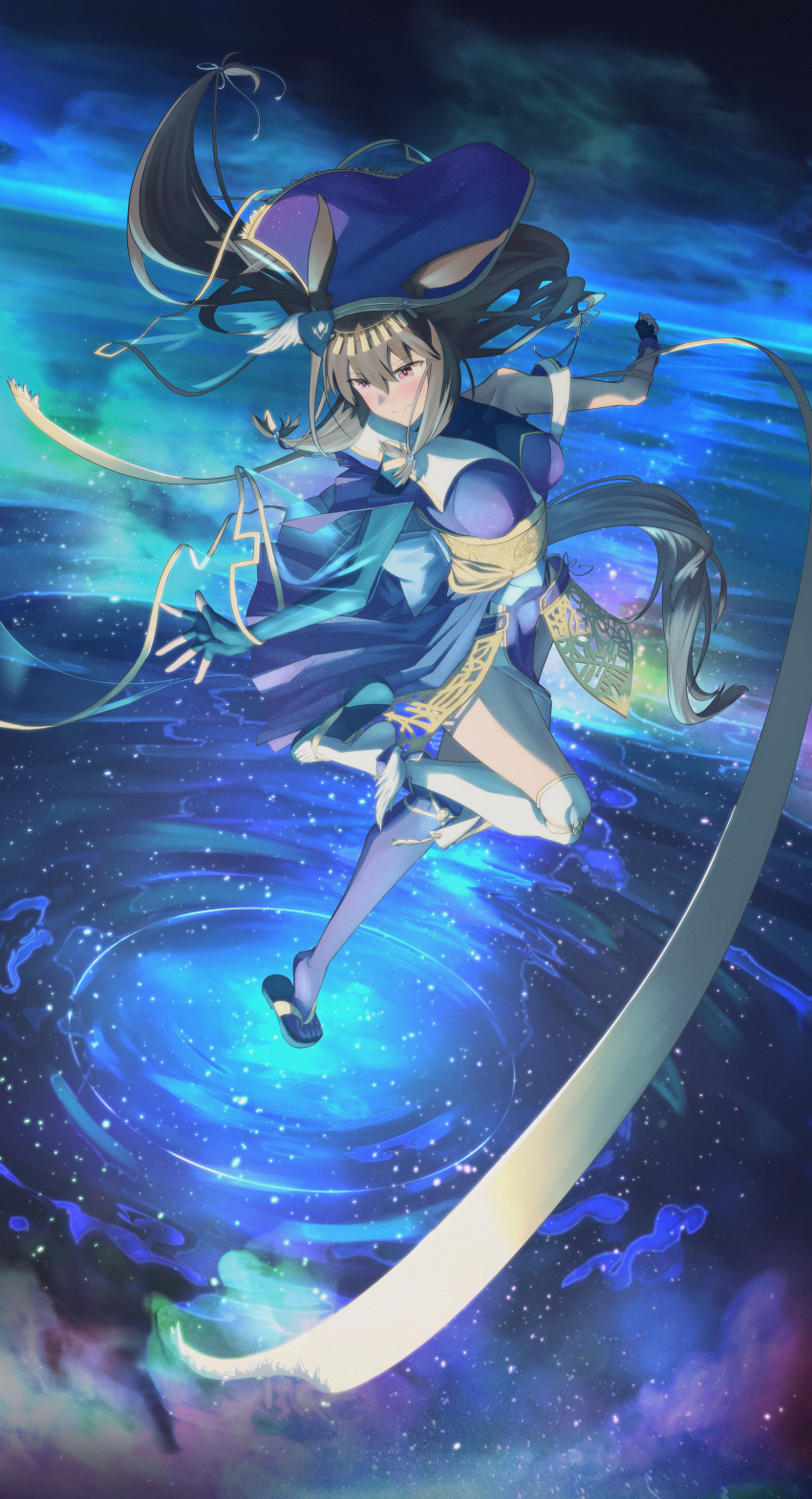 1girl, absurdres, admire_vega_(umamusume), alternate_costume, animal_ears, asymmetrical_clothes, asymmetrical_legwear, black_thighhighs