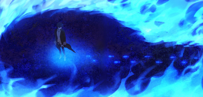 1boy, arms_at_sides, bangs, black_coat, black_hair, blue_fire, blue_theme, coat