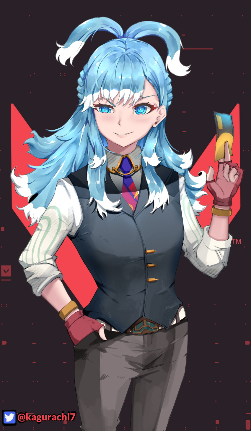 1girl, absurdres, belt, blue_eyes, blue_hair, card, chamber_(valorant), cosplay