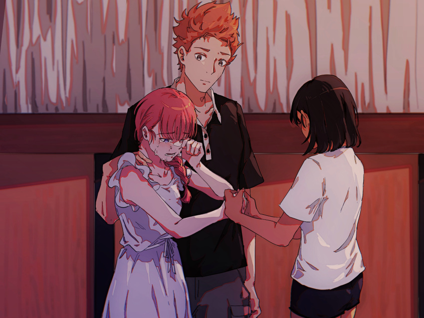 1boy, 2girls, bangs, black_shirt, black_shorts, braid, brother_and_sister, brown_eyes
