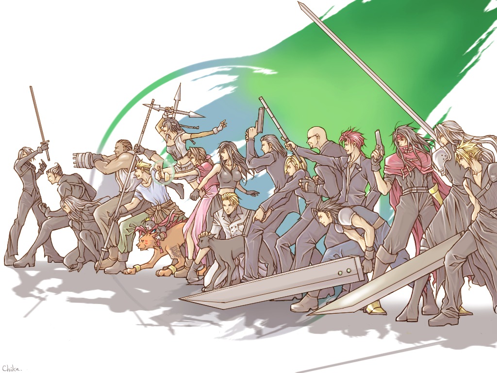advent_children, aerith_gainsborough, barret_wallace, cait_sith, cid_highwind, cloud_strife, elena_(final_fantasy_vii), final_fantasy