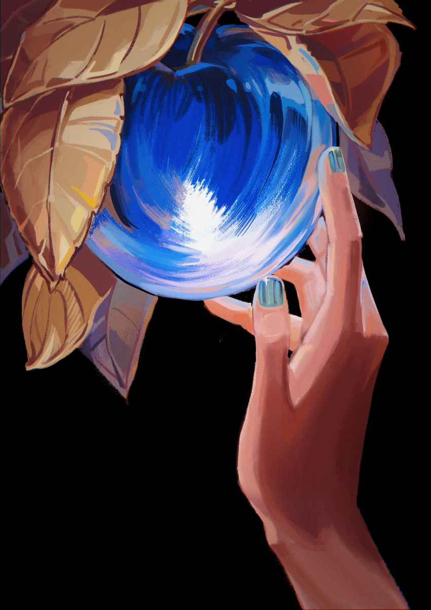 1other, absurdres, apple, aqua_nails, black_background, blue_apple, food, fruit, highres, houseki_no_kuni, lapis_lazuli_(gemstone), leaf, musheng656, out_of_frame, phosphophyllite, plant, pov, pov_hands, reaching, simple_background, solo, symbolism