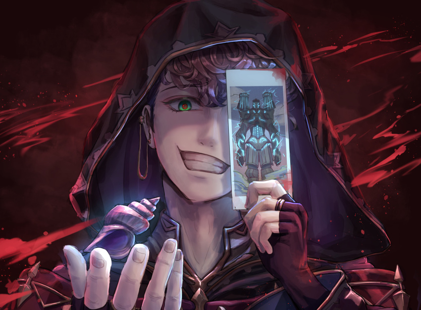 1boy, black_gloves, blood, brown_hair, card, earrings, evil_smile, fingerless_gloves