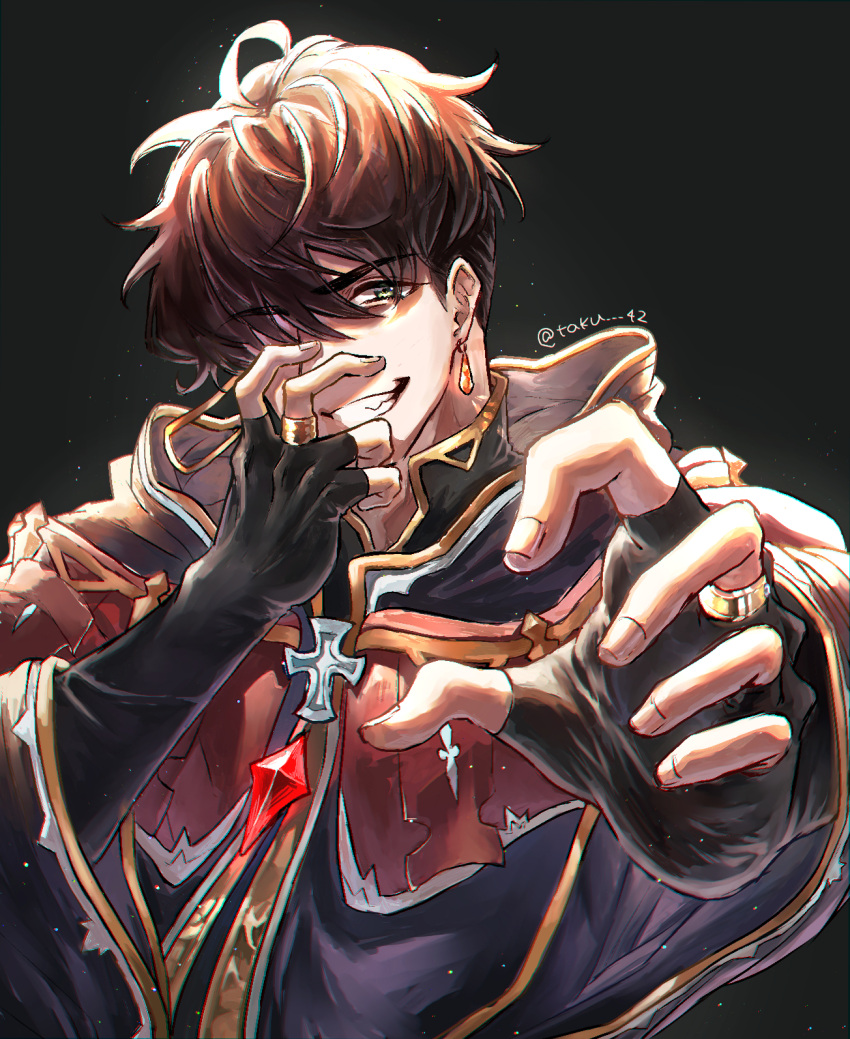 1boy, bangs, black_background, black_gloves, black_robe, brown_hair, earrings, evil_smile