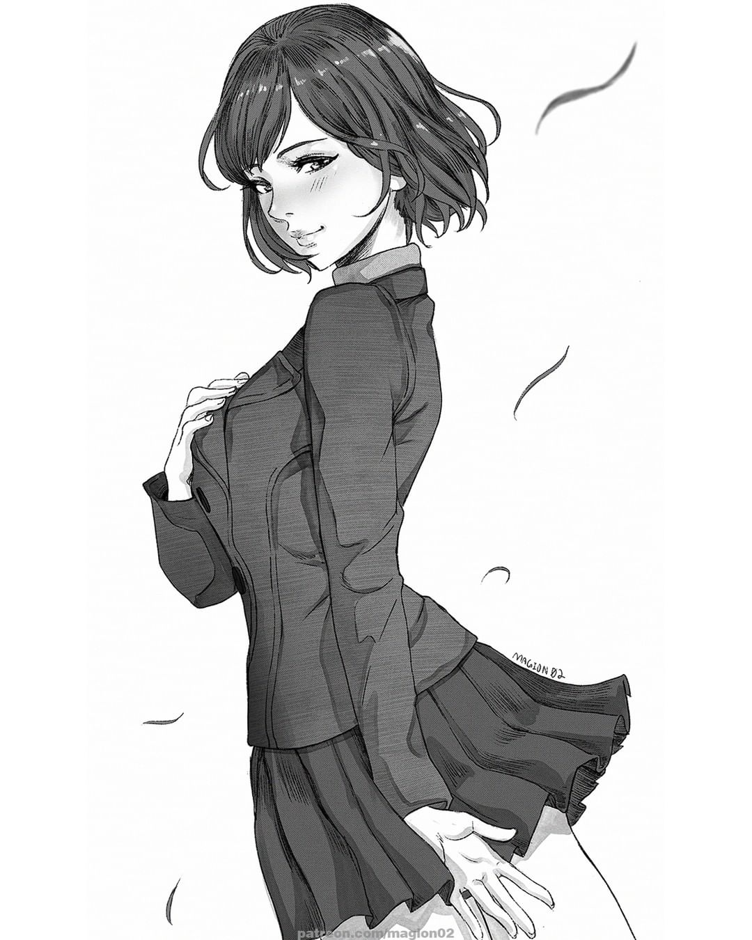 1girl, bangs, breasts, buttons, clothes_lift, greyscale, hand_on_own_ass, hand_on_own_chest