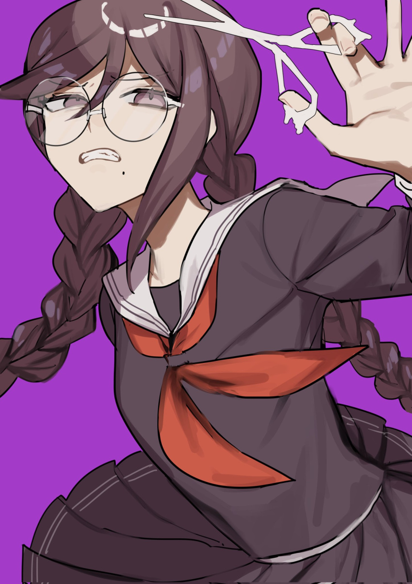 1girl, bangs, black_shirt, black_skirt, braid, clenched_teeth, danganronpa:_trigger_happy_havoc, danganronpa_(series)