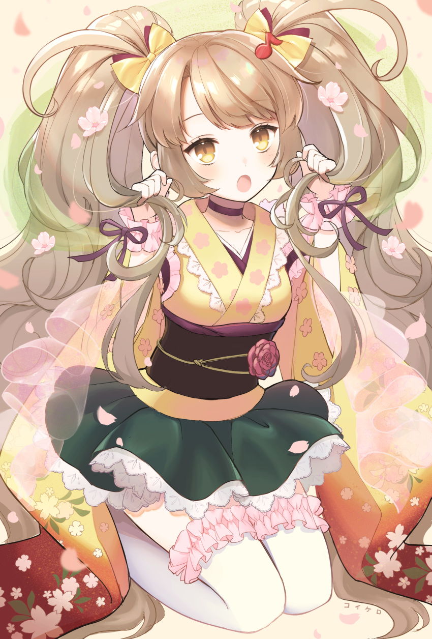 1girl, :o, absurdres, benzaiten_(monster_strike), blush, brown_eyes, brown_hair, commentary_request, floral_print, frilled_legwear, frilled_skirt, frilled_thighhighs, frills, hair_ornament, highres, kkokko, long_hair, long_sleeves, looking_at_viewer, monster_strike, musical_note, musical_note_hair_ornament, scrunchie, skirt, solo, thigh-highs, twintails, white_thighhighs, wide_sleeves, wrist_scrunchie