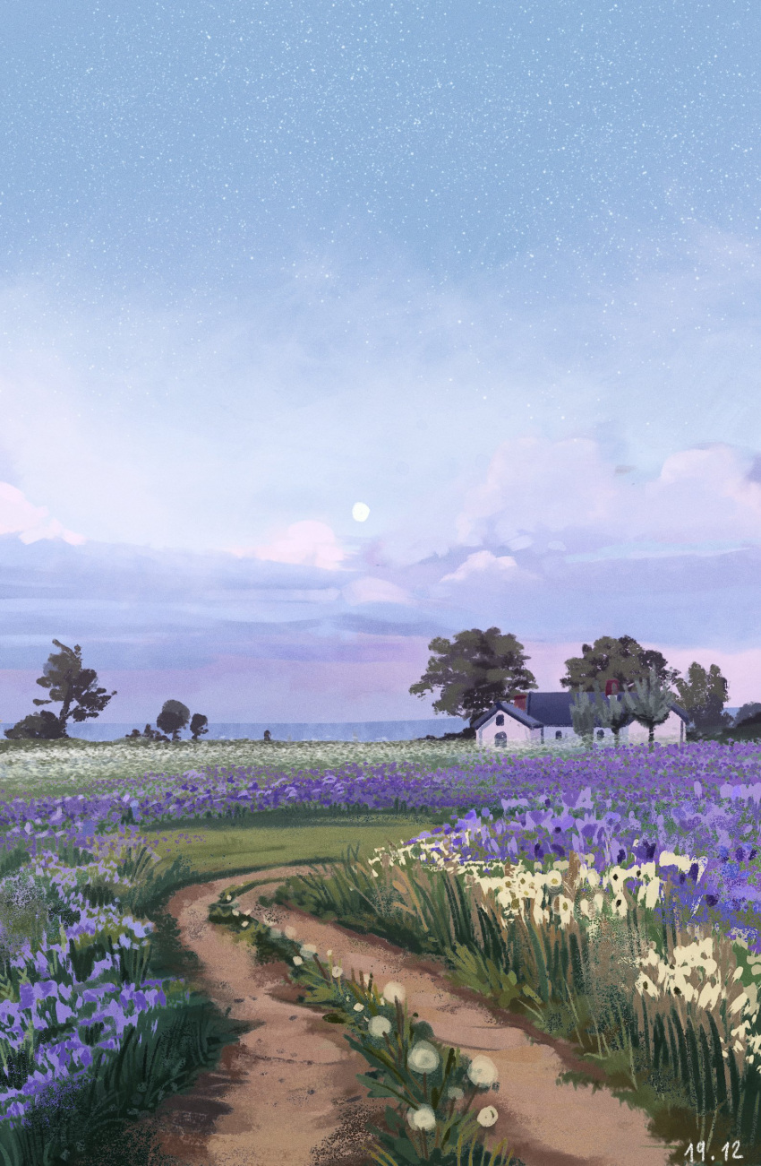 absurdres, dated, english_commentary, field, flower, flower_field, highres, house