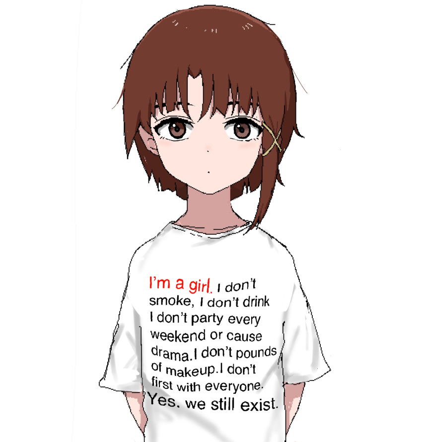 1girl, aiu404l, brown_eyes, brown_hair, clothes_writing, english_text, hair_ornament, hairclip, highres, iwakura_lain, looking_at_viewer, oekaki, serial_experiments_lain, shirt, short_hair, simple_background, solo, t-shirt, typo, upper_body, white_background, white_shirt