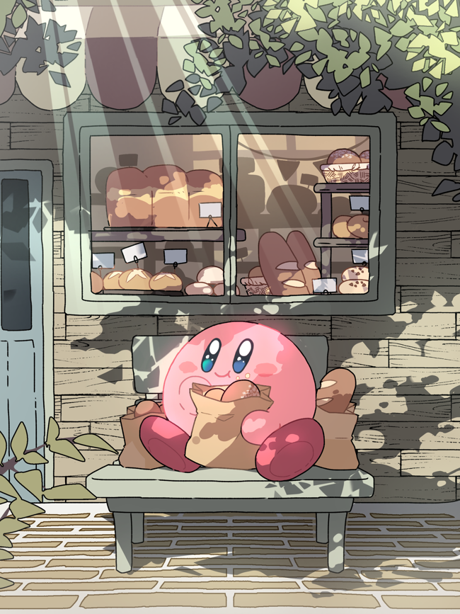 1boy, baguette, bakery, bench, blue_eyes, bread, dappled_sunlight, day