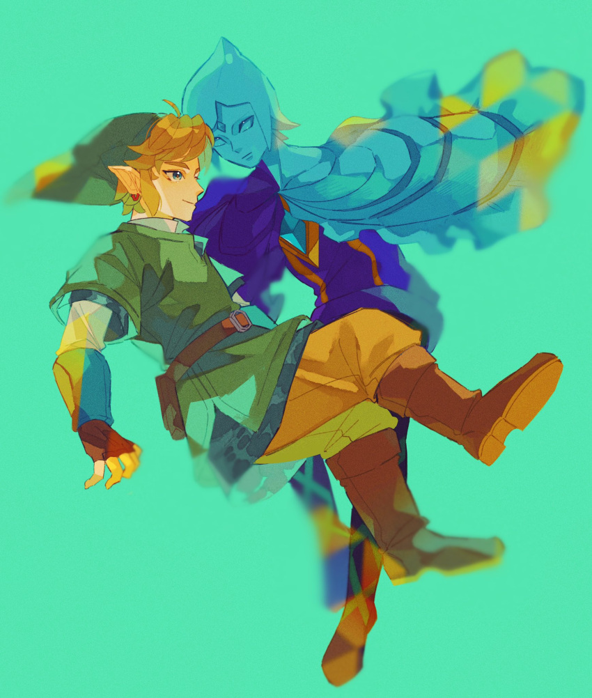 1boy, 1girl, belt, blonde_hair, blue_cape, blue_eyes, blue_hair, blue_skin