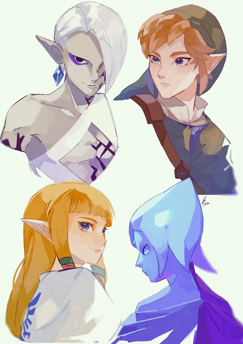 2boys, 2girls, androgynous, bangs, bare_shoulders, blonde_hair, blue_cape, blue_eyes