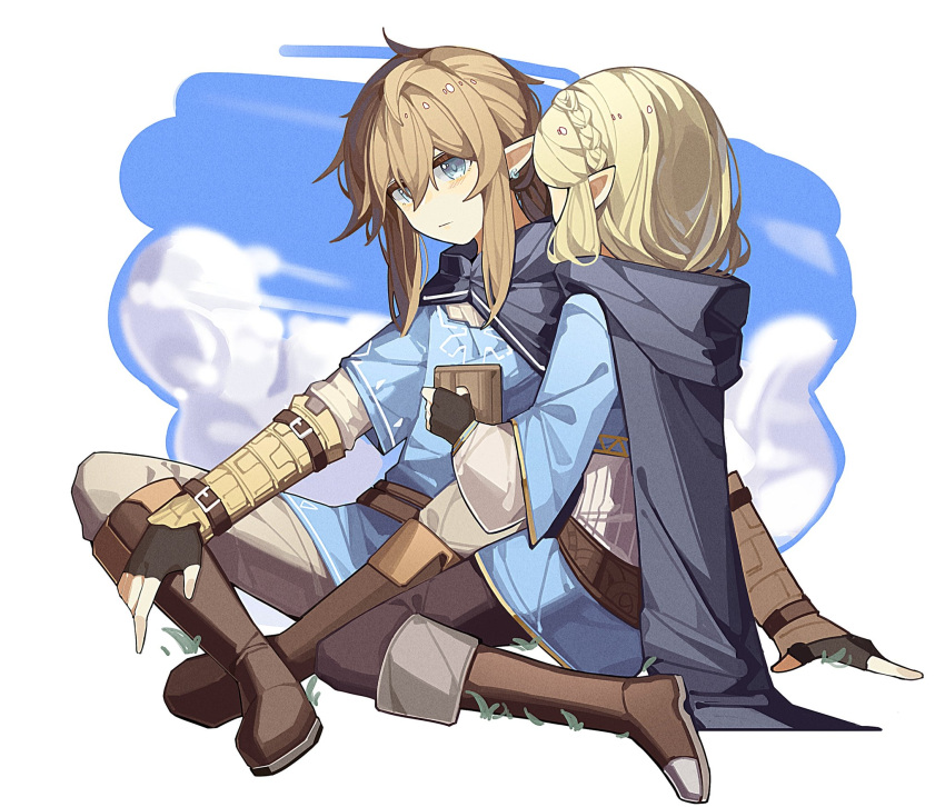 1boy, 1girl, black_pants, blonde_hair, blue_eyes, blue_shirt, blue_tunic, blush