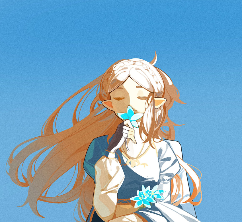 1girl, bangs, blonde_hair, blue_background, blue_flower, blue_shirt, braid, breasts