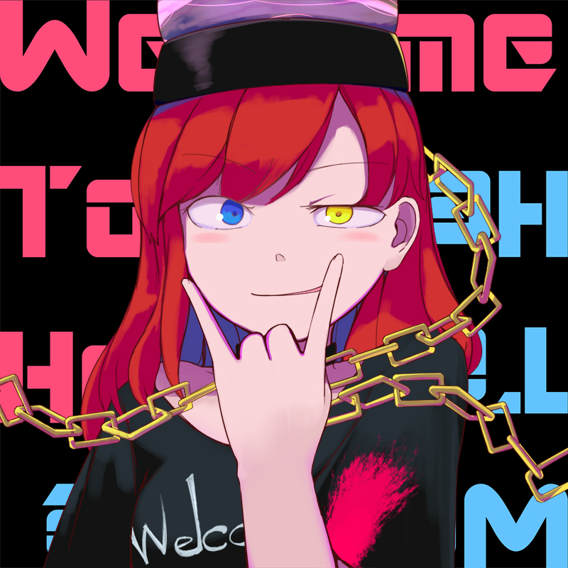 1girl, alternate_eye_color, bangs, bare_shoulders, black_background, black_choker, black_headwear, black_shirt