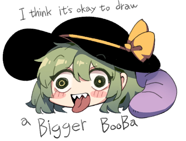 1girl, :d, bangs, black_headwear, booba_(meme), chibi, english_text, eyebrows_visible_through_hat, full_body, green_hair, hair_between_eyes, hat, hat_ribbon, komeiji_koishi, meme, mismatched_pupils, no_nose, nyong_nyong, open_mouth, ribbon, sharp_teeth, short_hair, simple_background, smile, solo, teeth, tongue, tongue_out, touhou, white_background, worm_girl, yellow_ribbon, yukkuri_shiteitte_ne