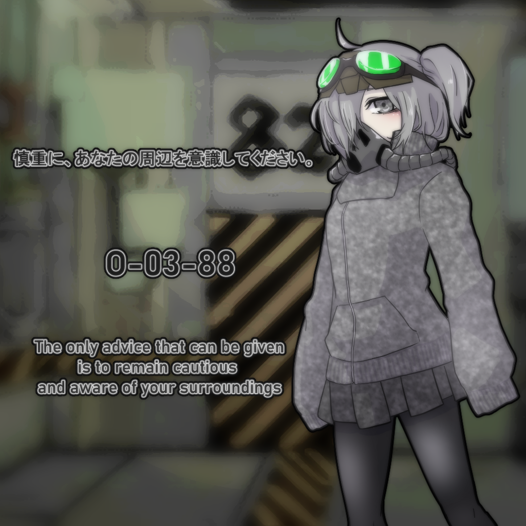 1girl, bangs, blush, dimensional_refraction_variant, english_text, goggles, goggles_on_head, grey_hair, hair_over_one_eye, high_collar, huyusaki_taiga, jacket, lobotomy_corporation, long_sleeves, one_side_up, pantyhose, personification, pleated_skirt, pocket, project_moon, respirator, skirt, sleeves_past_fingers, sleeves_past_wrists, solo