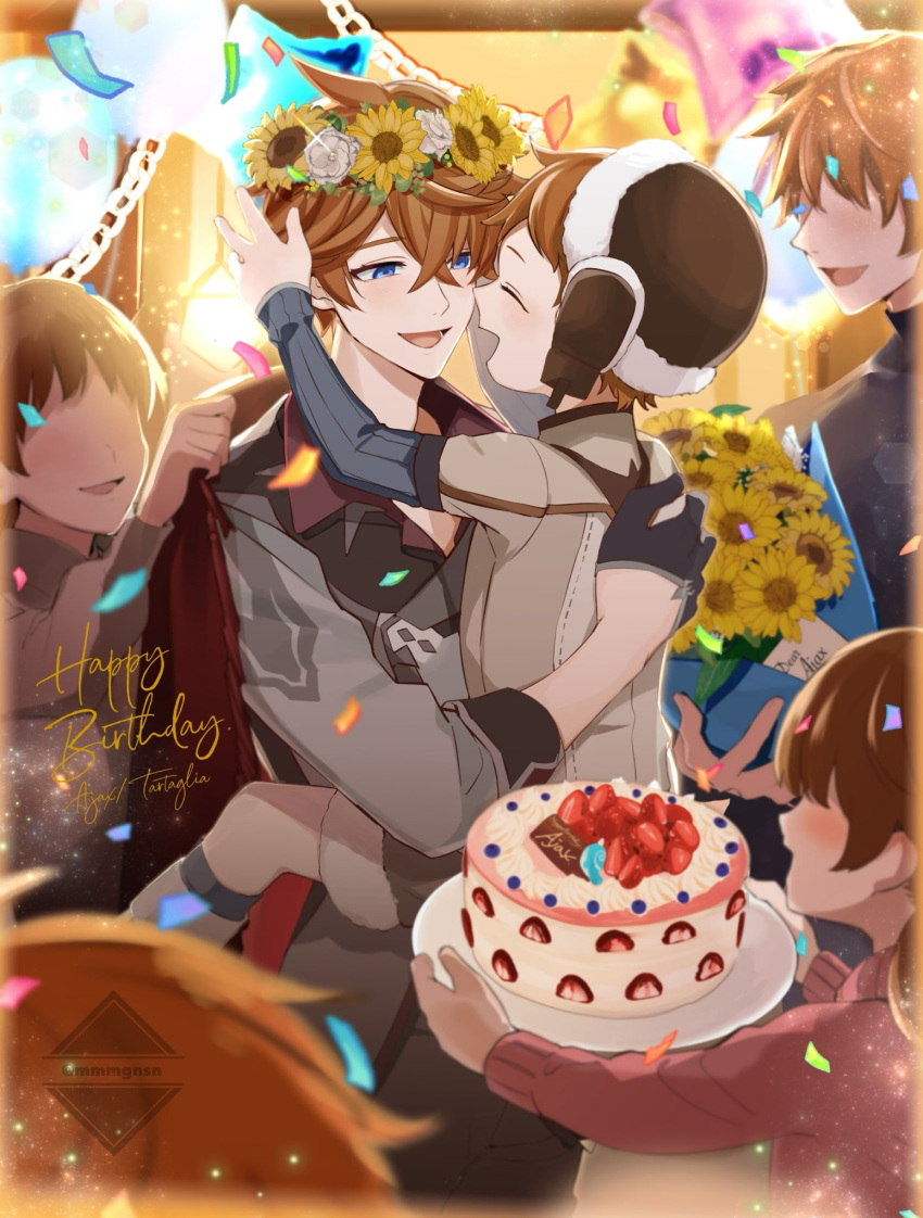 1other, 5boys, :d, ^_^, ahoge, artist_name, bangs, birthday