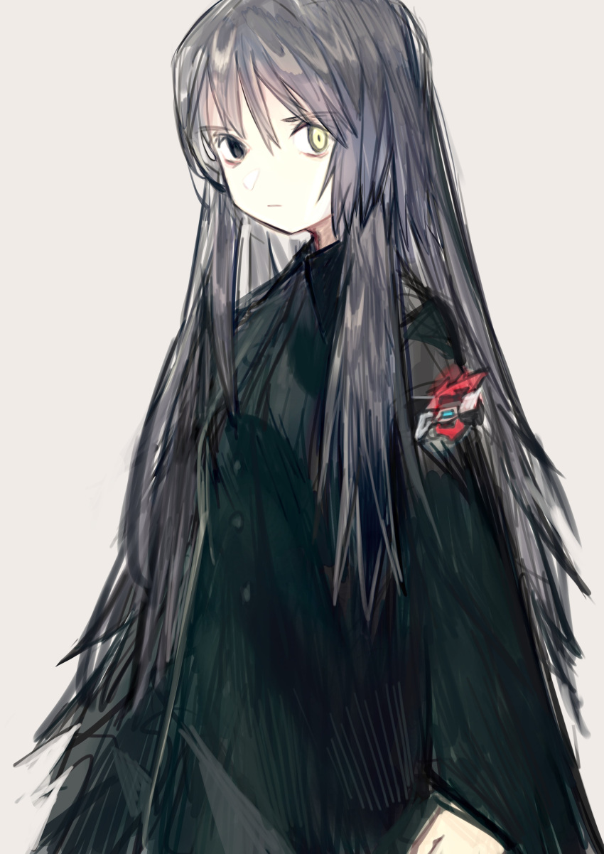 1girl, absurdres, black_eyes, closed_mouth, glowing, glowing_eye, green_hair, grey_background