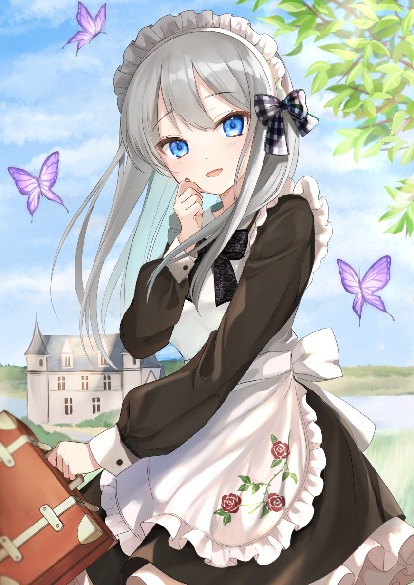 1girl, absurdres, apron, ascot, back_bow, bangs, blue_eyes, blush, bow, bug, butterfly, day, dress, floral_print, frilled_apron, frills, grey_hair, hair_bow, hand_on_own_face, highres, holding, holding_suitcase, long_hair, long_sleeves, maid, mansion, neck_ribbon, open_mouth, original, outdoors, petticoat, plaid, plaid_bow, pond, print_ascot, ribbon, rose_print, scenery, sky, smile, solo, suitcase, yaminabe_(szhal14)