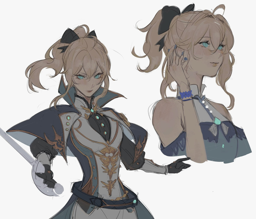1girl, ahoge, bangs, bare_shoulders, black_gloves, black_shirt, blonde_hair, blue_capelet